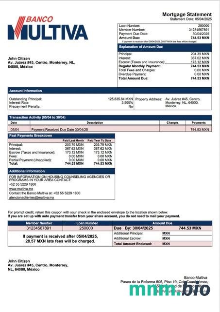 Meksyk Banco Multiva wyciąg z kredytu hipotecznego szablon Word i PDF